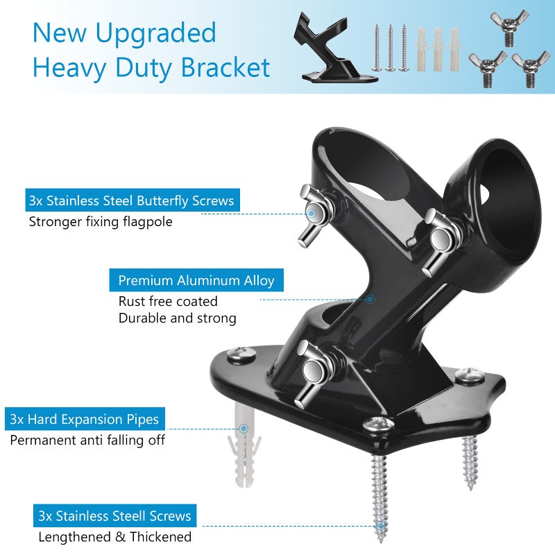 Haoridul Flag Pole Holder Mounting Bracket  2 Position House Flag Pole Bracket  Heavy Duty Aluminum Mount - Stainless Steel Kit - Strong and Rust Proof - 1"" Inner Diameter (Shiny Black-1Pack) - Image 2
